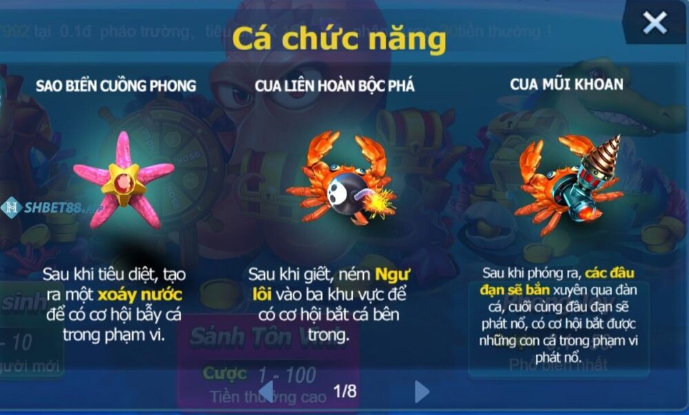 Cá chức năng của game vua đánh cá tại Shbet