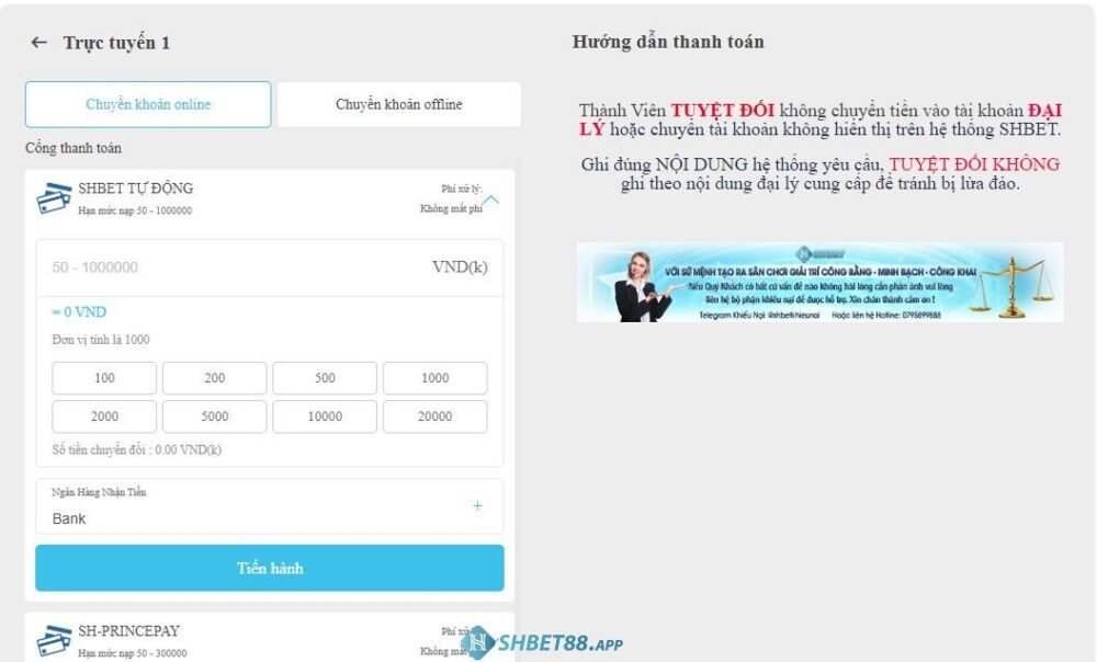 Nạp tiền trực tuyến 1 tại Shbet